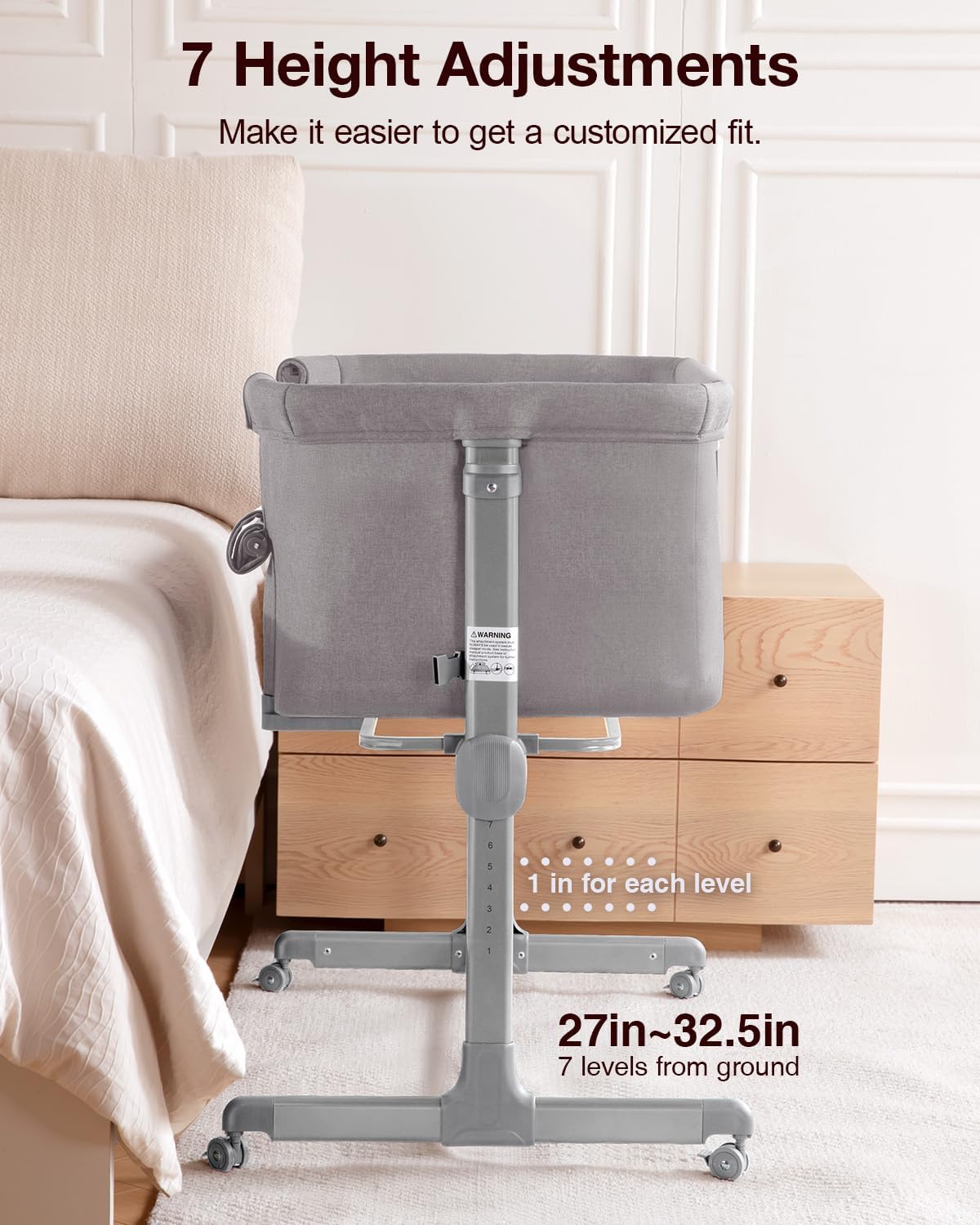 Larex Baby Bassinet, 3 in 1 Bassinets Bedside Sleeper Crib Sleeper for Newborn, Portable Crib Adjustable 7 Height Bedside Bassinet with Mattress and Movable Wheels，Breathable Mattress&Mesh(Dark Grey)