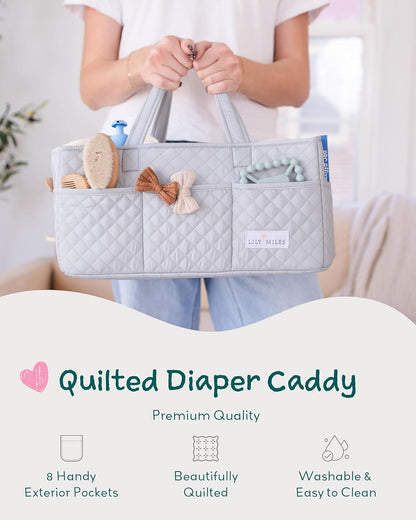 Lily Miles Baby Diaper Caddy Organizer, Quilted Nursery Storage Basket for Newborn Essentials and Diaper Changing Station, Gift for Baby Shower and Registry Must-Have (Willow Green)