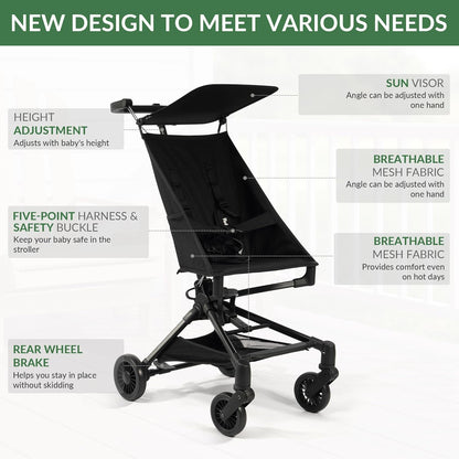 Lightweight Travel Stroller for Airplane,10.5 lbs Compact Foldable Baby Stroller with Sun Visor & Storage Basket,Convenience Airplane Strollers with Lockable Rear Wheels and Breathable Fabric,Midnight