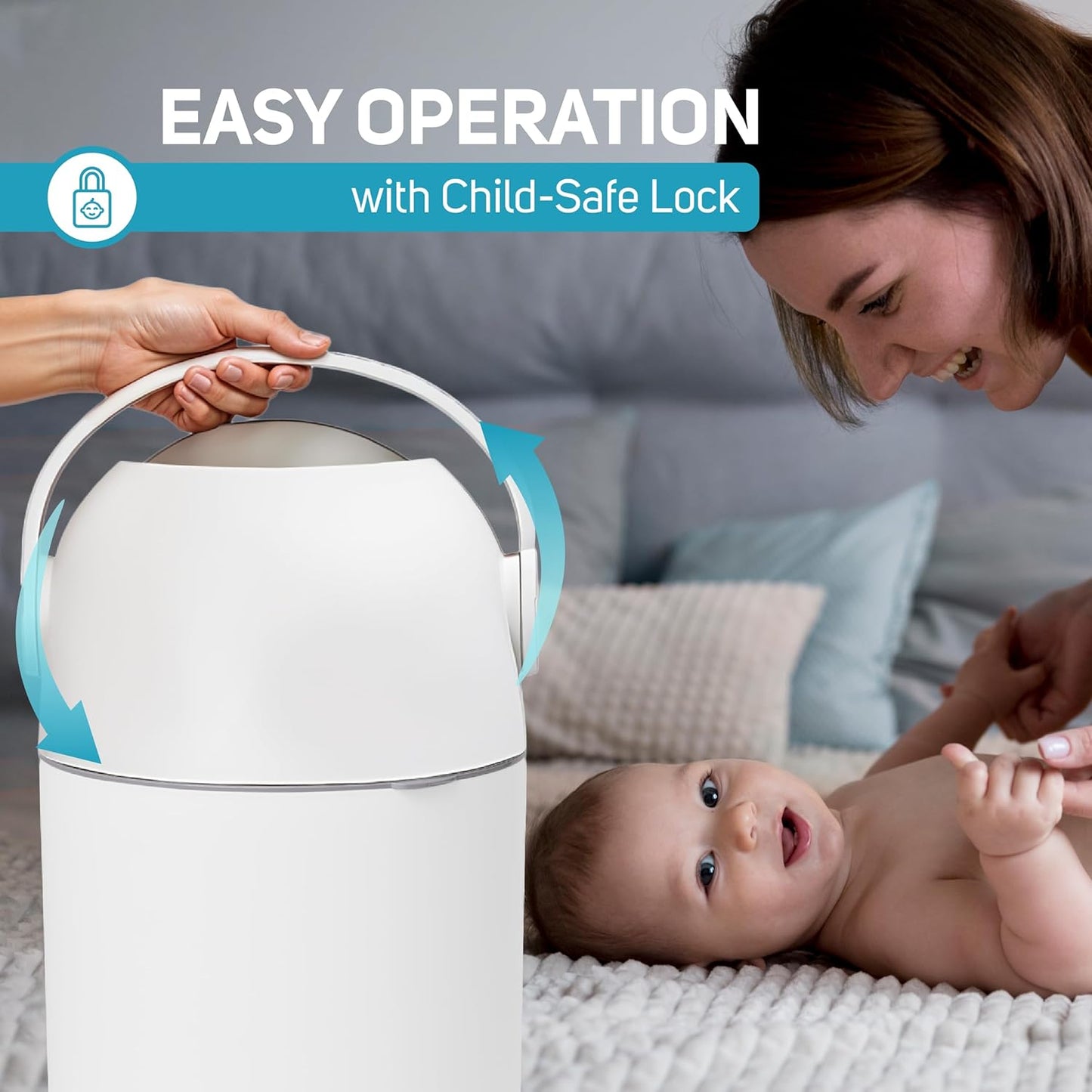 L.A. BABY Magic Diaper Pail - Patented 100% Odor-Free System with Child-Safe Lock - Award-Winning Design - No Refills Required - Works with Regular Trash Bags - White