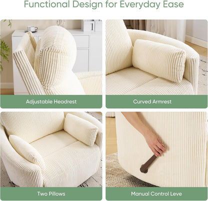 Oversized Swivel Rocker Recliner Chair with Heat and Massage, Rocking Chair with Adjustable Headrest, Manual Recliner, Glider Recliner with 2 Pillows, Chenille White