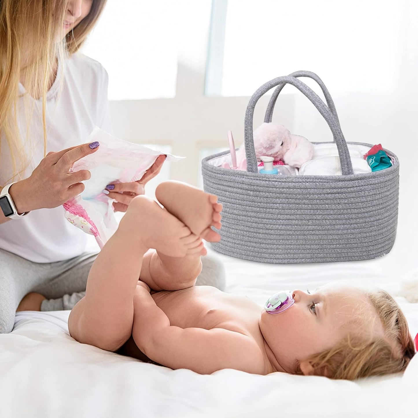 ABenkle Baby Diaper Caddy, Nursery Storage Bin and Car Organizer for Diapers and Baby Wipes, Cotton Rope Diaper Basket Caddy, Changing Table Diaper Storage Caddy