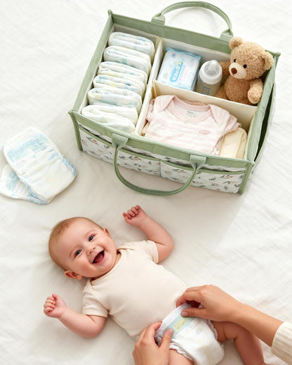 Tivellary Baby Diaper Caddy Organizer – Stylish Storage Basket for Newborn Essentials, Nursery & Diaper Station, Registry Must-Have, Sage Green Botanical