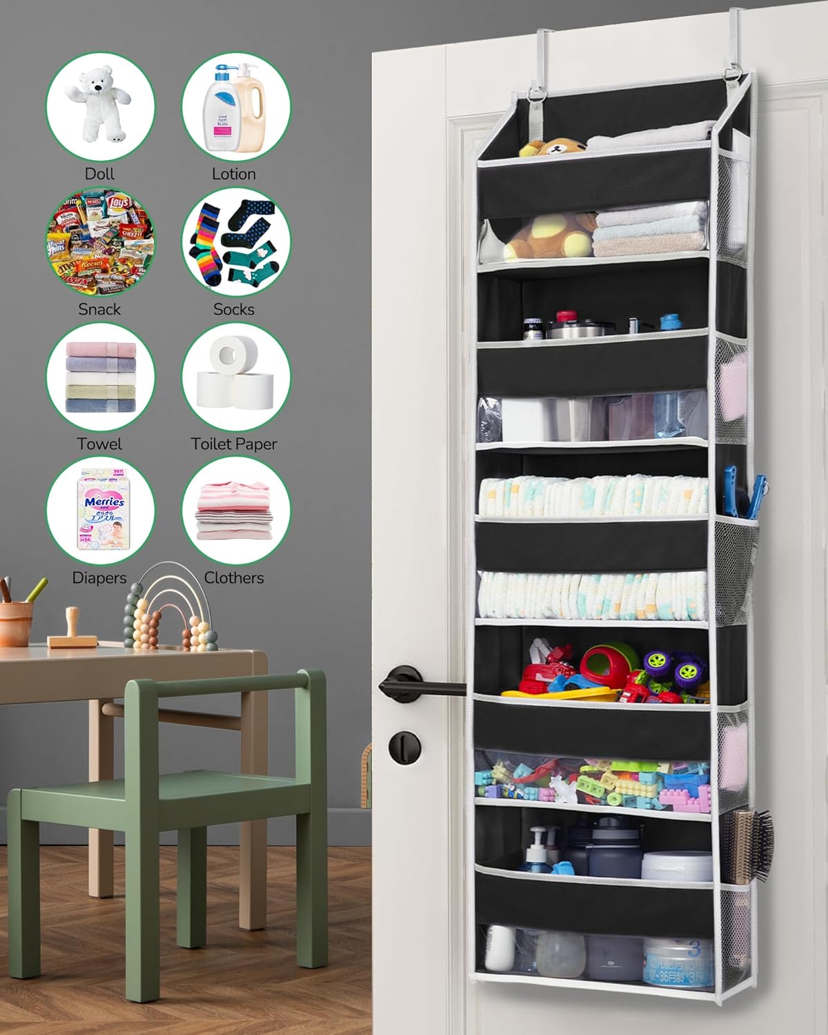 ULG 1 Pack Over Door Organizer with 5 Large and 10 Mesh Side Pockets, 44 lbs Weight Capacity Hanging Storage with Clear Window Kids Toys, Shoes, Diapers, Dark Grey, 5 Layers