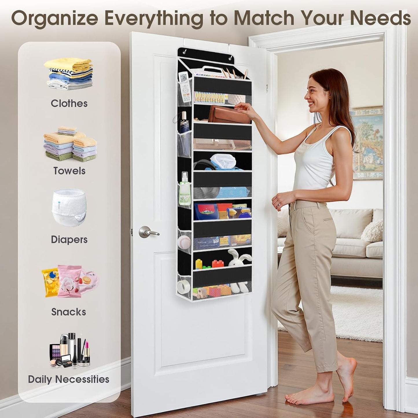 SpaceHacks 1 Pack Over The Door Organizer, Hanging Storage Organizer with Clear Window, 40lb Ultra Sturdy Large Capacity Room Organizer for Pantry Laundry Bathroom Nursery Closet Baby Essential (Grey)