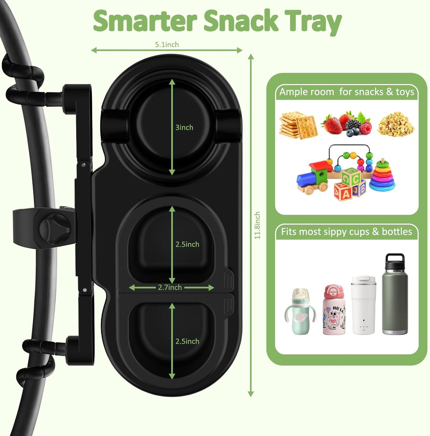 JACZZO Universal Stroller Snack Tray with 3 Detachable Silicone Bowls, Anti-Slip Silicone Grips & Cup Holder, Stroller Attachment for Nuna, Uppababy, Travel Essentials for Baby, Stroller Accessories