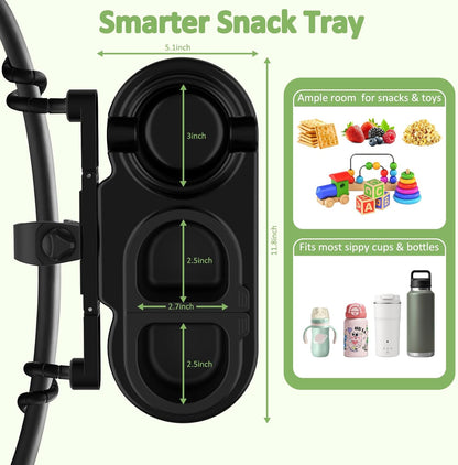 JACZZO Universal Stroller Snack Tray with 3 Detachable Silicone Bowls, Anti-Slip Silicone Grips & Cup Holder, Stroller Attachment for Nuna, Uppababy, Travel Essentials for Baby, Stroller Accessories