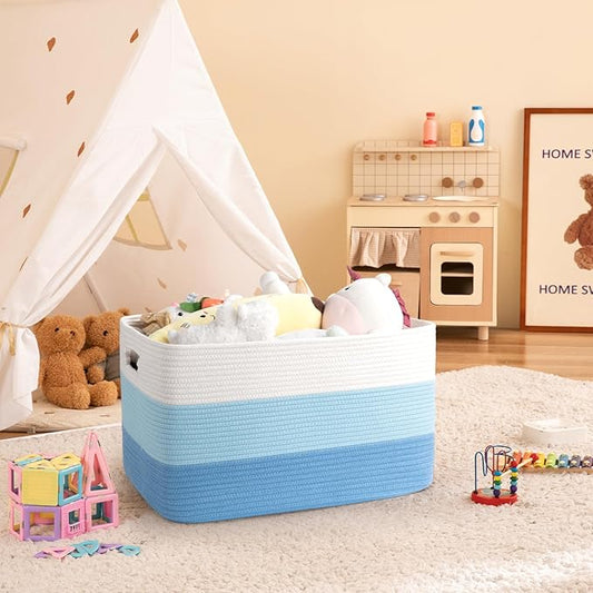 OIAHOMY Large Blanket Basket, 22”x17”x12” Rectangle Woven Baskets, Nursery Blanket Storage Living Room, Toy Storage With Handle, Large Baskets for Organizing-Gradient Light Blue