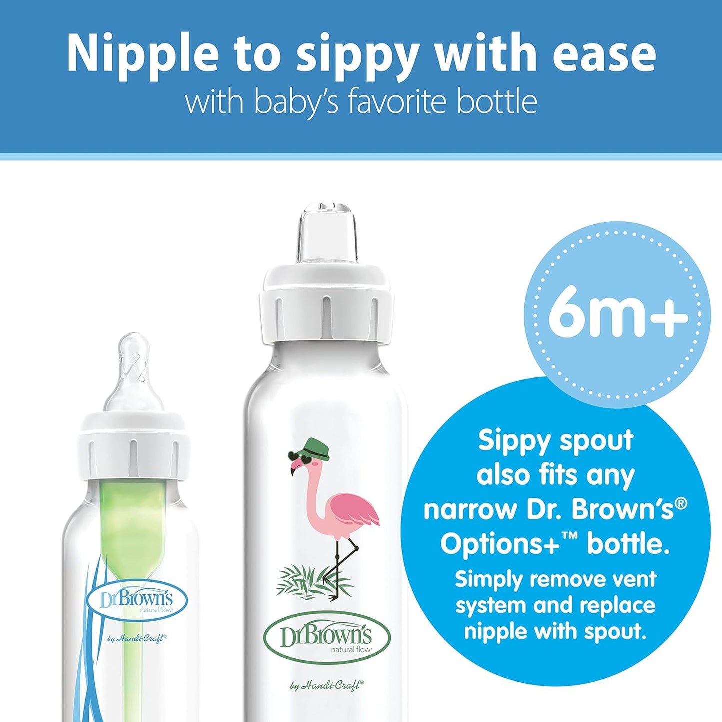 Dr. Brown's Milestones Narrow Sippy Bottle, 100% Silicone Soft Sippy Spout, 8oz/250mL, Flamingo & Bunny, 6m+
