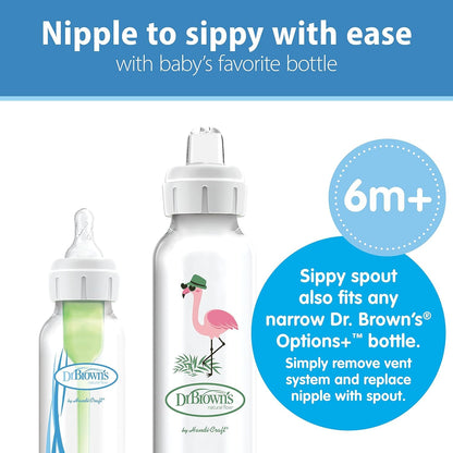 Dr. Brown's Milestones Narrow Sippy Bottle, 100% Silicone Soft Sippy Spout, 8oz/250mL, Flamingo & Bunny, 6m+