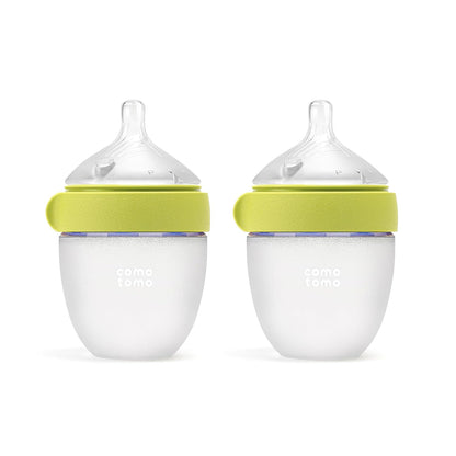 Comotomo Silicone Baby Bottle Gen 2 – 2026 Release (5oz) – True Slow-Flow Nipple for Newborn Feeding (0-3 Months) with Dual Anti Colic Vents for Breast to Bottle Transition, Green (Double Pack)