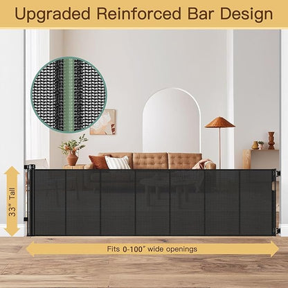 Reinforced Bottom 100 Inch Retractable Baby Gates Extra Wide Baby Gate for Large Openings, 8 ft Super Long Child Gates for Large Openings, Mesh Retractable Dog Gate for Doorways Extra Wide, Black