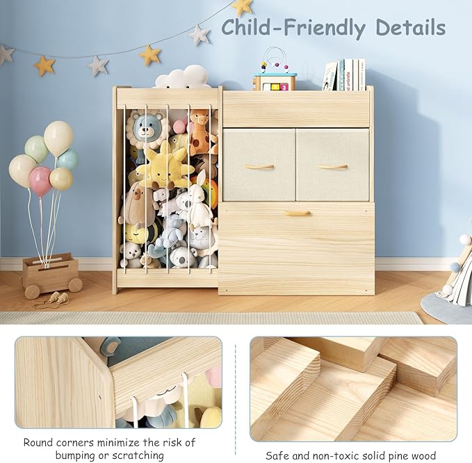 EXPERLAM Toy Organizer and Stuffed Animals Storage, All-in-One Toy Shelf with Stuffed Animal Holder, 2 Drawers, Movable Toy Chest & Top Shelf, Solid Wood Bedroom Toy Storage Organizer