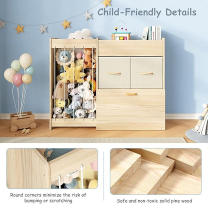 EXPERLAM Toy Organizer and Stuffed Animals Storage, All-in-One Toy Shelf with Stuffed Animal Holder, 2 Drawers, Movable Toy Chest & Top Shelf, Solid Wood Bedroom Toy Storage Organizer