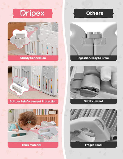 Baby Playpen, Dripex Baby Playard for Babies and Toddlers, 14-Panel Foldable Playpen Adjustable Portable Play Area, Indoor/Outdoor Kids Active Center with Game Panel & Safety Gate, Grey White