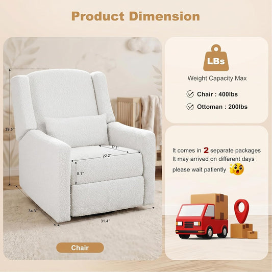 Power Recliner Chair Swivel Gilder Rocking Chairs Skin-Friendly Power Recliner Nursery Chair for Adults with Waist Pillow, USB Charging (Beige, Only Recliner Chair)