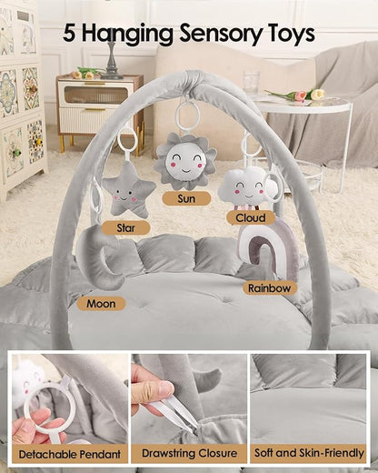 5-in-1 Convertible Baby Gym Play Mat with Hanging Toys, Soft Padded Activity Center & Ball Pit, Plush Tummy Time Mat for Newborns to Toddlers, Machine Washable, Gray