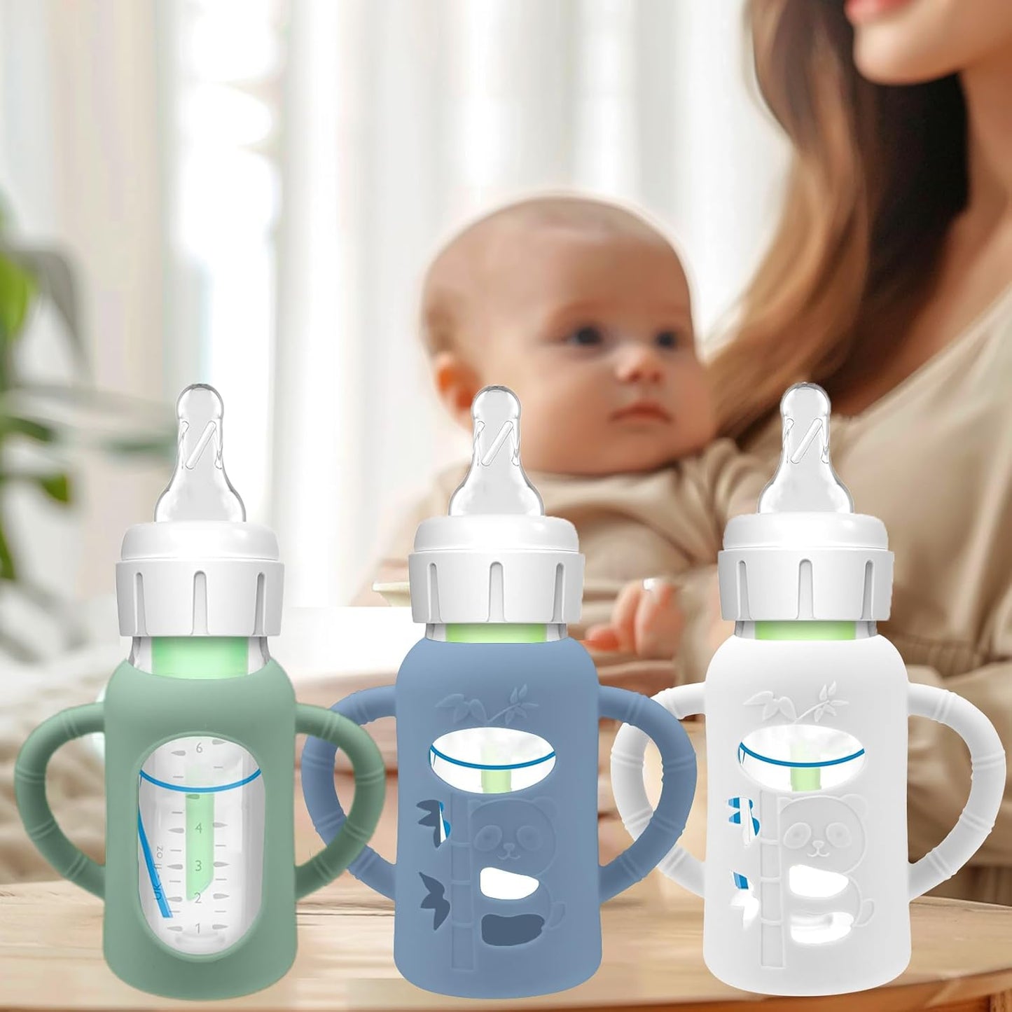 BUSOHA 3 Pack Silicone Sleeves for Dr Brown Glass Baby Bottles - Drop Protection Baby Bottle Sleeves,Compatible with Dr. Brown's Newborn Glass Bottles,with Silicone Handles,8 oz