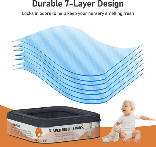 Square Starter Refills Disposal Bags Refill Compatible with Diaper Genie Compact, Classic and Select Pails, Hold Up to 165 Newborn-Sized Diapers Per Refill, 6 Pack