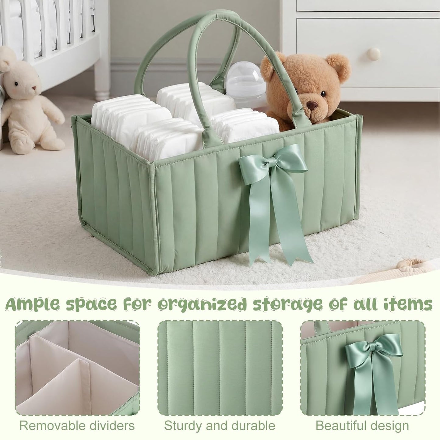 LemonRoad Baby Diaper Caddy Organizer Stylish Newborn Essentials Tote Bags with Bear Plush, Daisy Keychain, Greeting Card - Ideal Baby Shower Gift & Registry Must-Have (Sage Green)