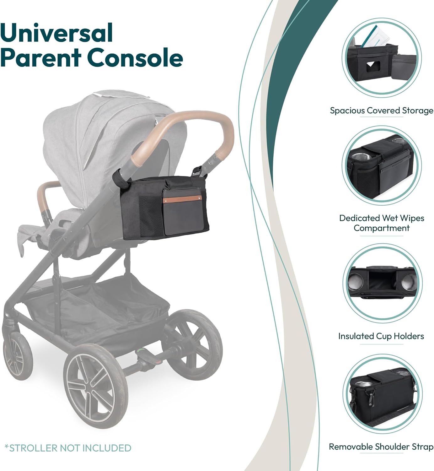 WONDERFOLD Universal Parent Console Stroller Organizer with Insulated Cup Holders, Hook & Loop Closure Handle Attachment, 2 Storage Pockets, Removable Shoulder Strap for Easy Transport