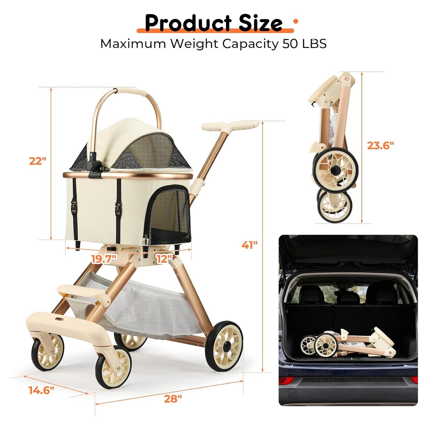 Pet Stroller for Small Dogs - 3 In1 Dog Stroller with Adjustable Handle and Detachable Carrier Car Seat, Foldable Cat Stoller with 5" Lockable All-Terrain Wheels