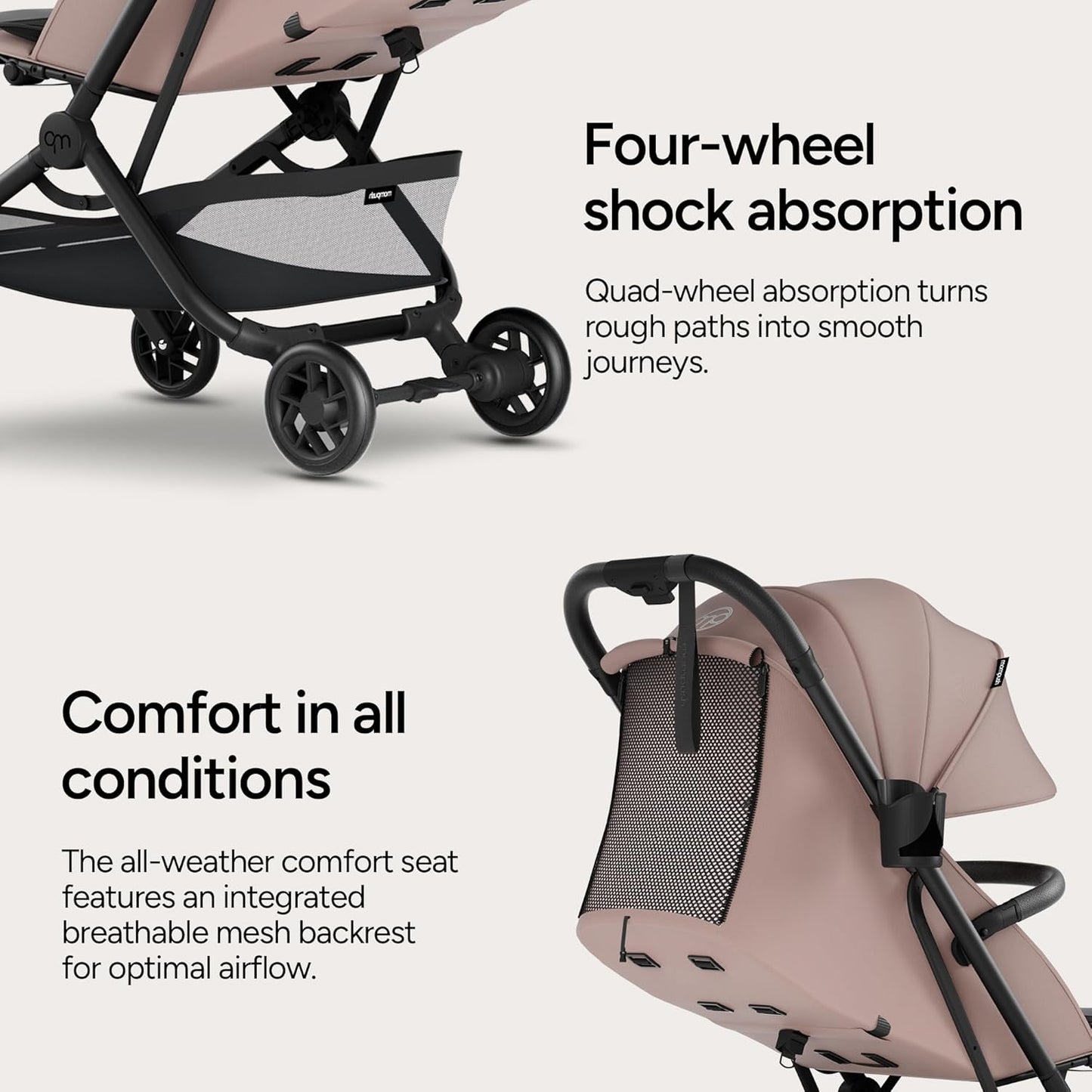 Mompush Velo Lightweight Travel Stroller, Compact & Airplane-Friendly for Baby and Toddler, Lie-Flat Seat, One-Hand Fold, with Leather Bumper Bar, Shoulder Strap, Raincover, Storage Bag & Cup Holder
