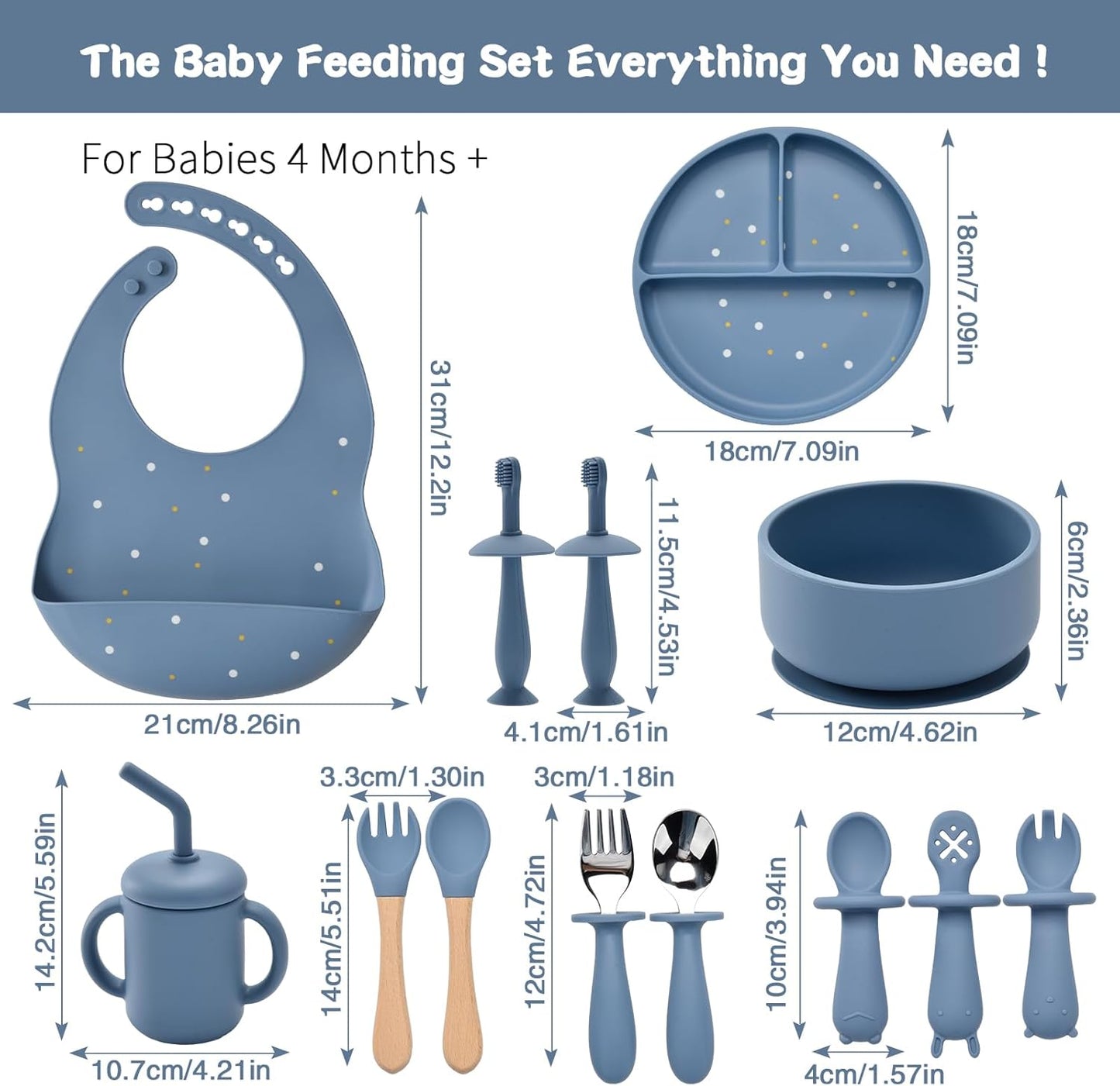 Silicone Feeding Set, 13PCS Baby Feeding Essentials with Suction Bowl & Plate, Spoons & Forks, Bib & Cup, Toothbrush, Baby Led Weaning Supplies for 6+ Months, Eating Essentials (Blue)