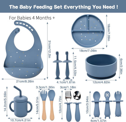 Silicone Feeding Set, 13PCS Baby Feeding Essentials with Suction Bowl & Plate, Spoons & Forks, Bib & Cup, Toothbrush, Baby Led Weaning Supplies for 6+ Months, Eating Essentials (Blue)