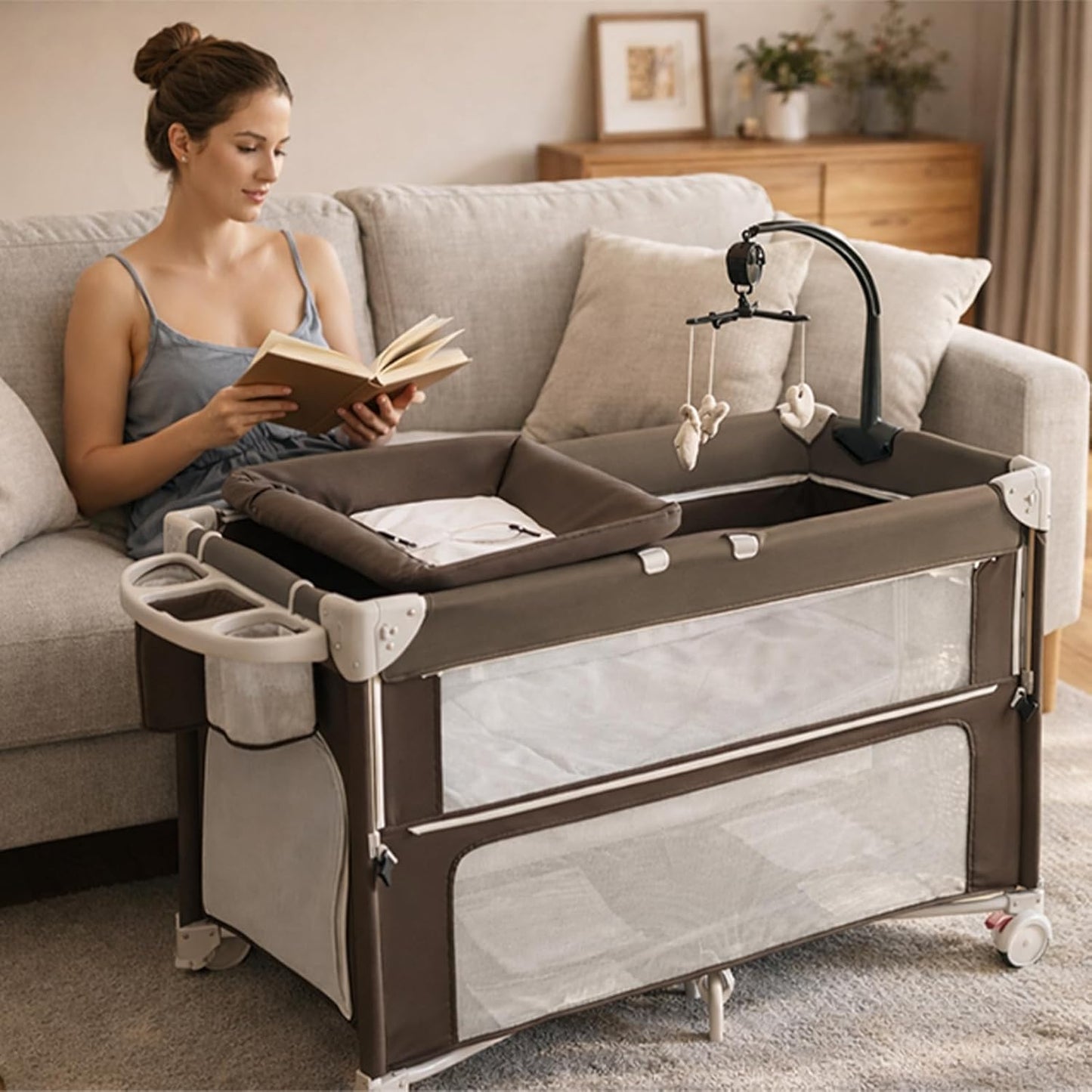 5-in-1 Baby Bassinet Bedside Sleeper, Foldable Pack and Play,One-Push Bedside Crib with Playard, Includes Mattress, Changing Table, Mosquito Net, Music Toy & Storage for Newborn to Toddler (Dark Grey)