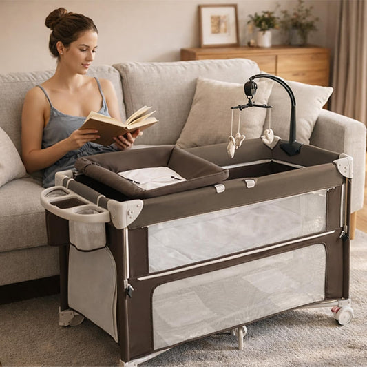 5-in-1 Baby Bassinet Bedside Sleeper, Foldable Pack and Play,One-Push Bedside Crib with Playard, Includes Mattress, Changing Table, Mosquito Net, Music Toy & Storage for Newborn to Toddler (Dark Grey)