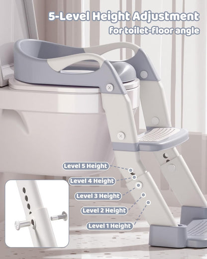 3-in-1 Potty Training Seat & Training Toilet & Potty Chair, Height AdjustableToddler Toilet Seat for Kids, Foldable Potty Training Toilet with Splash Guard & Anti-Slip Steps (Gray)