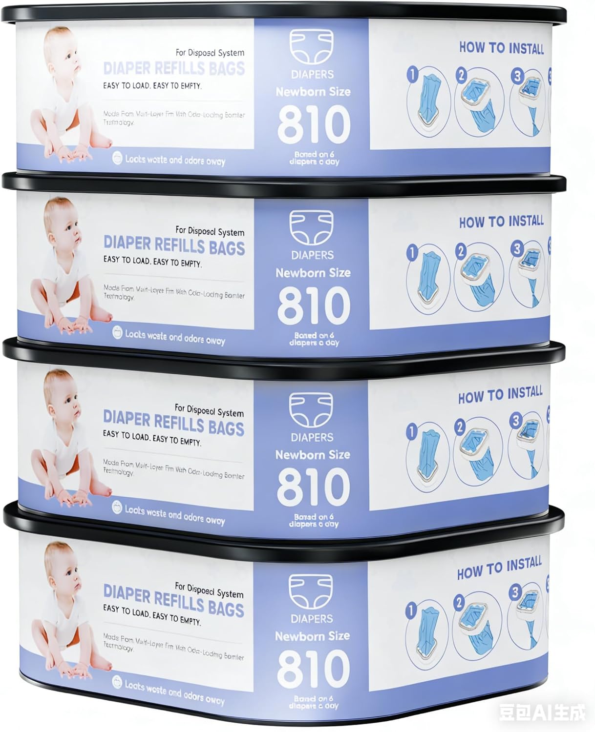 Square Refills Disposal Bags Refill Compatible With For Diaper Gen.ie Compact, Select (Not Fit Classic Version Pails), Hold Up to 810 Newborn-Sized Diapers Per Refill (4 Packs)