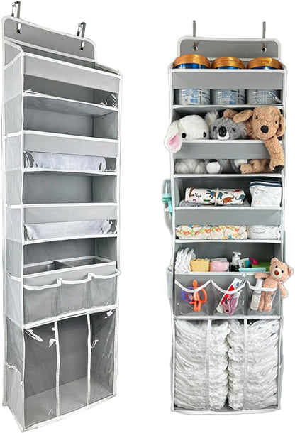 Door Hanging Storage Organizer,with 3 Bins 1 Movable Baby Diaper Caddy,1 Large capacity diaper stacking storage Organizer,10 Side Pockets ,Bedroom Door Storage for Nursery Baby Essentials. (Dark grey)