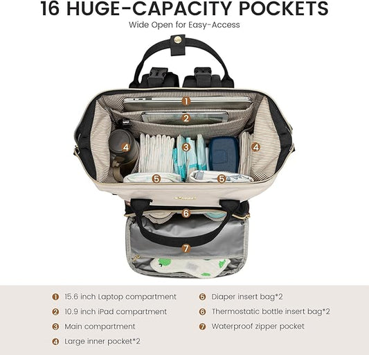 LOVEVOOK Diaper Bag Backpack, Baby Bag with Changing Station, Large Diaper Backpack for Mom Dads, Waterproof Mommy Bag for Boy and Girl, Travel Essential Baby Shower, Black-Beige