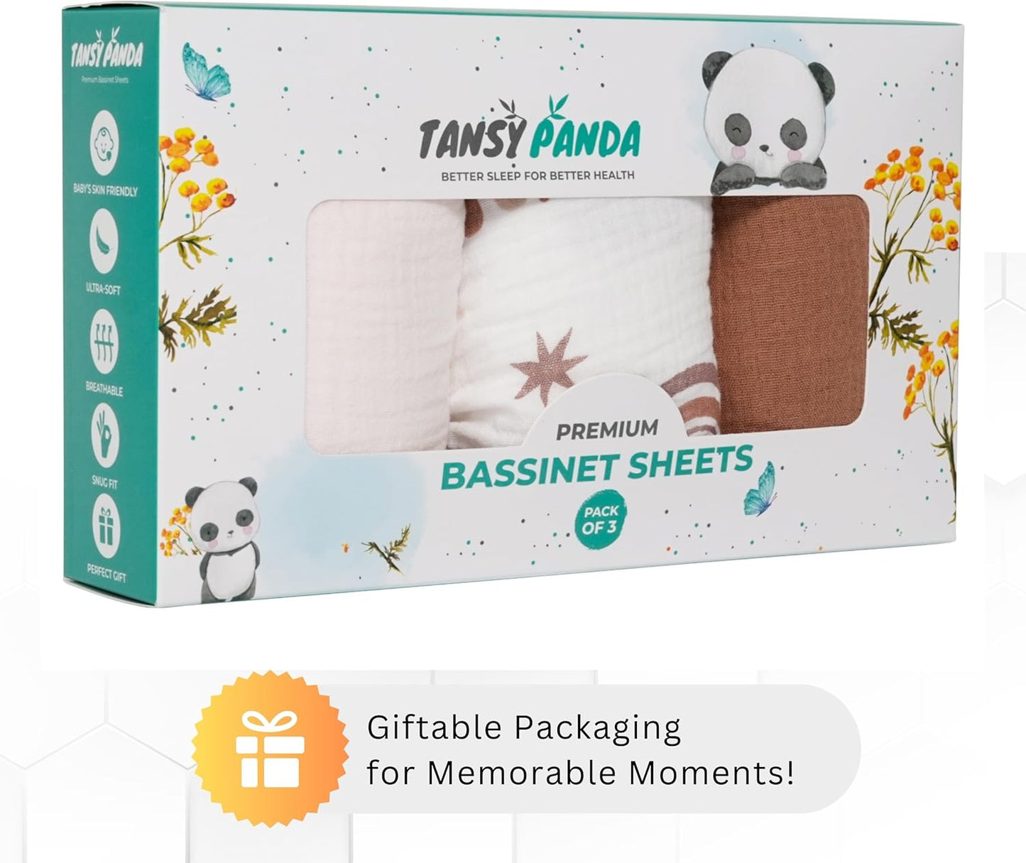 Muslin Bassinet Sheets for Angelbliss, Cowiewie, Amke, Jimglo, Suihuooo, Wayfong Baby Bassinet Bedside Sleeper by TansyPanda, 3PC, 20×33in, Ultra Soft, Breathable, Snug Fit, Unisex Boys Girls, Maadi