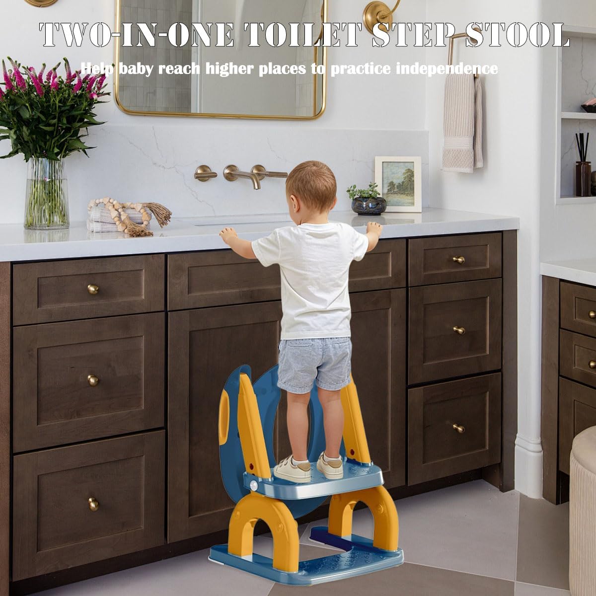 2-in-1 Potty Training Seat Toddler Potty Training Seat with Step Stool Foldable Ladder Adjustable Toddler Toilet Chair for Boys&Girls Splash Guard (Blue Yellow)
