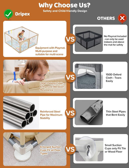 Dripex Baby Playpen, 47"x47" Small Playpen for Babies, Enhanced Safety Baby Play Yard for Indoor & Outdoor, Infant Play Pen with Soft Breathable Visible Mesh, Anti-Fall Design & Easy Setup, Grey
