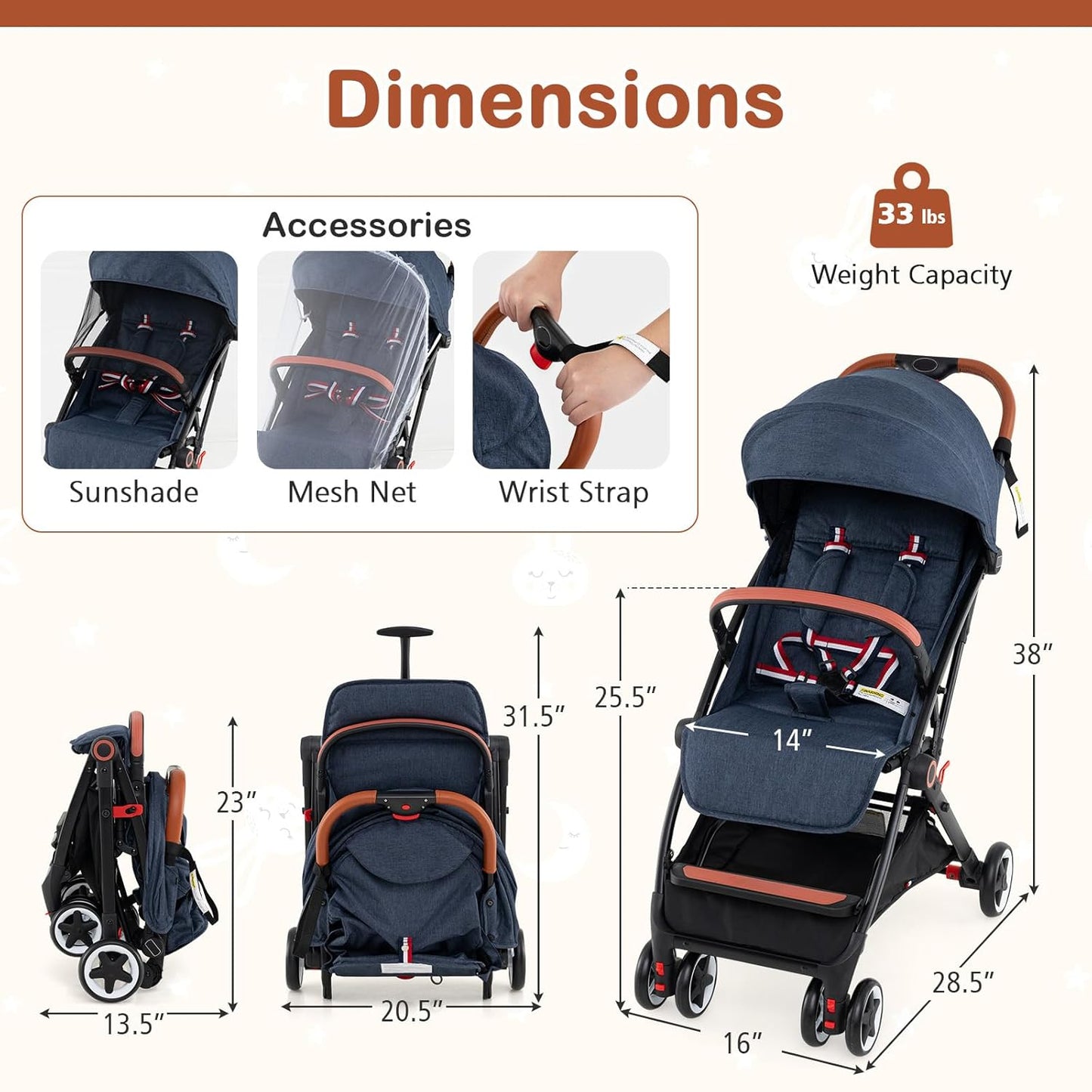 HONEY JOY Travel Stroller, One-Hand Quick Fold Lightweight Umbrella Stroller for Airplane, Wrist Wrap & Net, Multi-Position Recline, Overhead Friendly Compact Stroller for Newborn and Toddler(Gray)