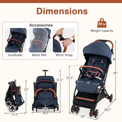 HONEY JOY Travel Stroller, One-Hand Quick Fold Lightweight Umbrella Stroller for Airplane, Wrist Wrap & Net, Multi-Position Recline, Overhead Friendly Compact Stroller for Newborn and Toddler(Gray)