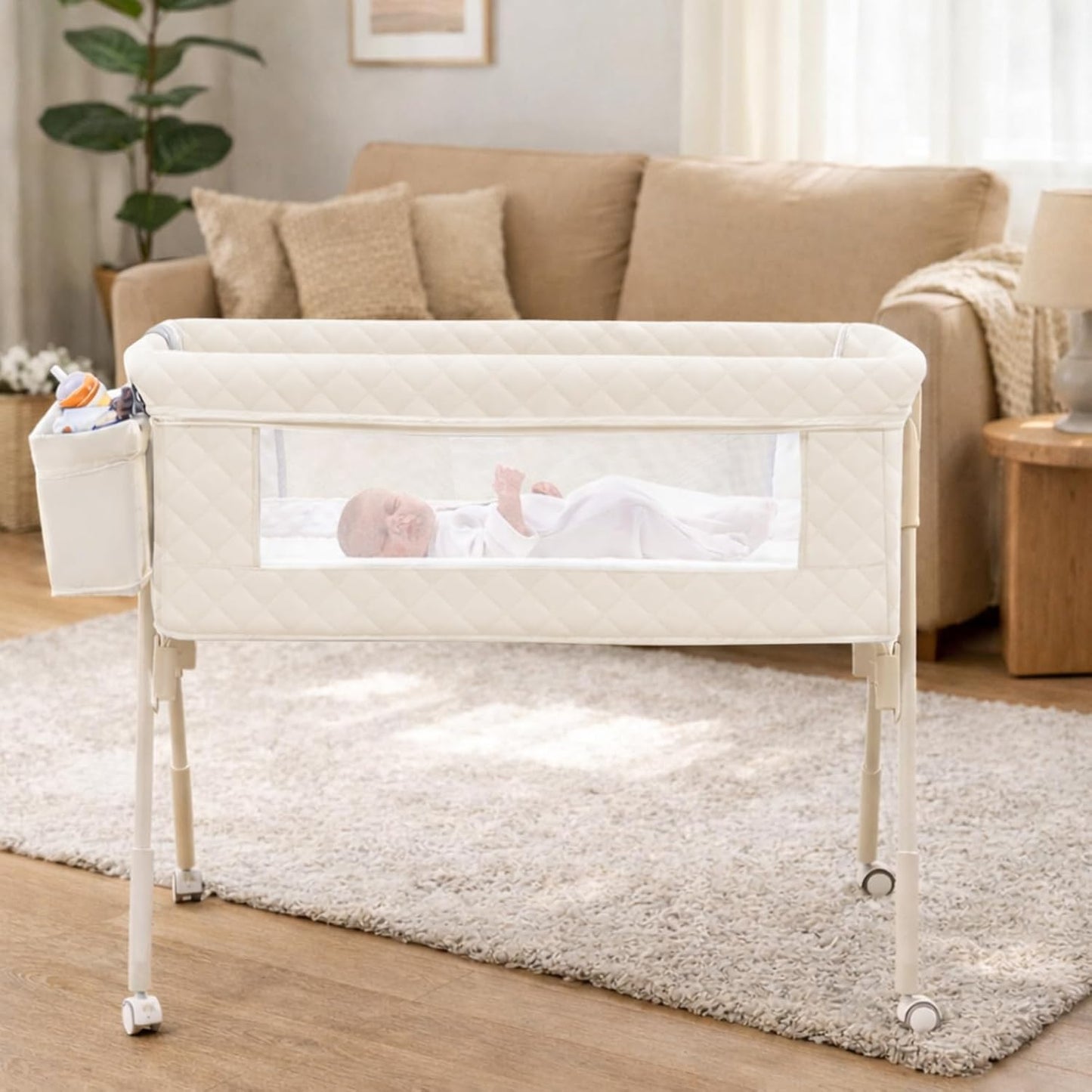 Baby Bassinet Bedside Crib for Newborn, 4-in-1 Baby Bassinet Bedside Sleeper with Mesh & Mattress, Easy Move Crib for Newborns with Lockable Wheels & Storage Basket, 4-Adjustable Height(Grey) | Bassinet with Wheels, Storage Basket, 4 Height Adjustable