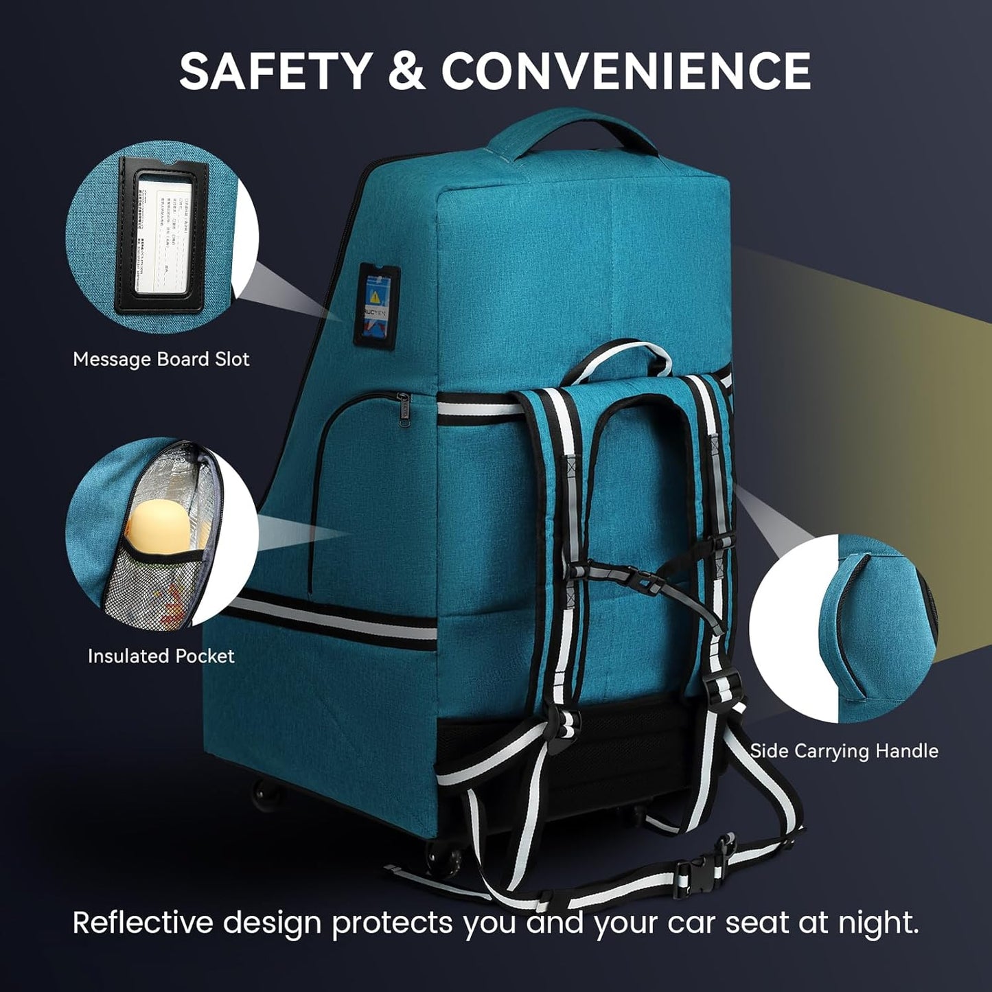 RUCYEN Rolling Car Seat Travel Bag, Padded Carseat Travel Backpack for Airplane,Large Durable Travel Bag with 4 Wheels,Adjustable Shoulder Strap and Waterproof Base Dark Grey