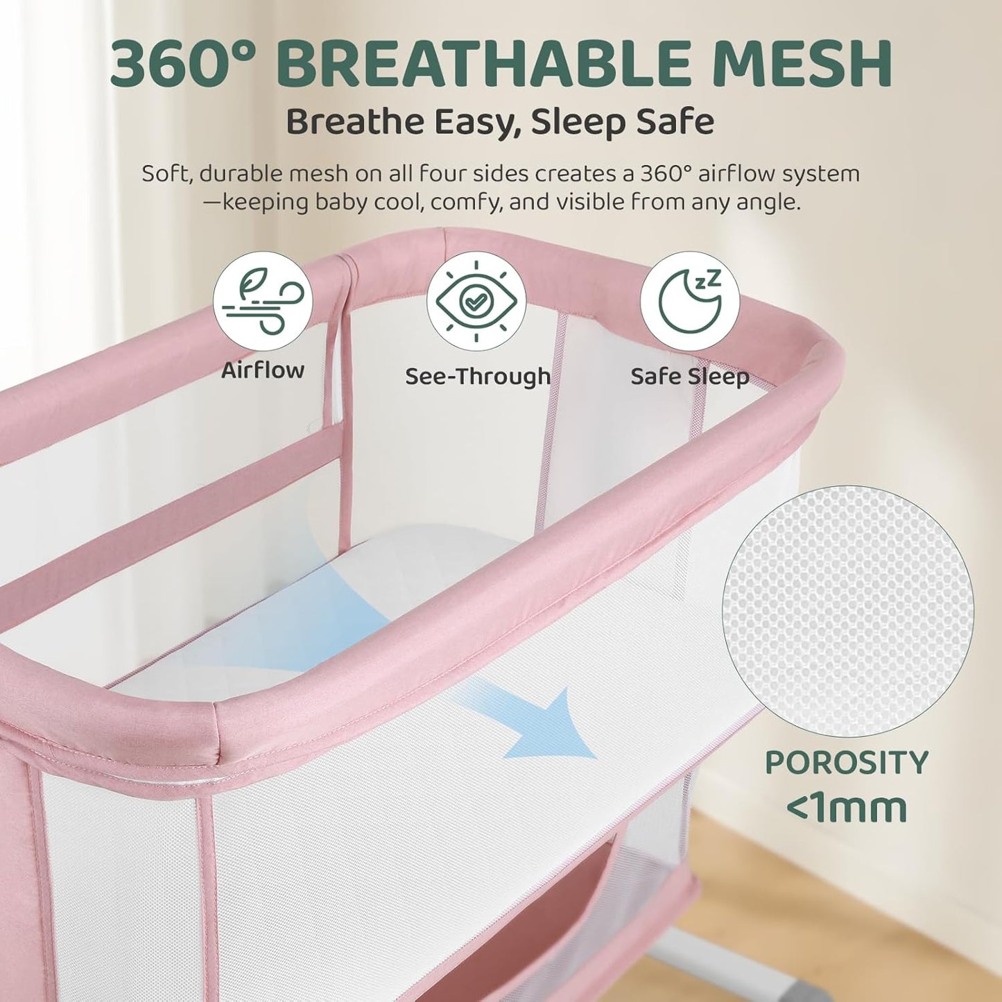 Cowiewie Bassinet Bedside Sleeper, Portable, Breathable, Adjustable Baby Bedside Bassinet for Peaceful Nights, Light Grey