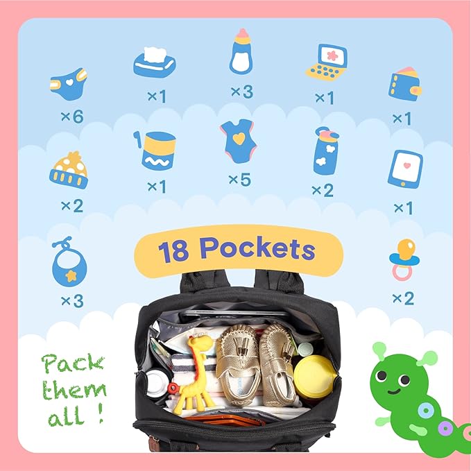 iniuniu Diaper Bag Backpack, 4 in 1 kit Large Unisex Baby Bags for Boys Girls, Waterproof Travel Back Pack with Pouch