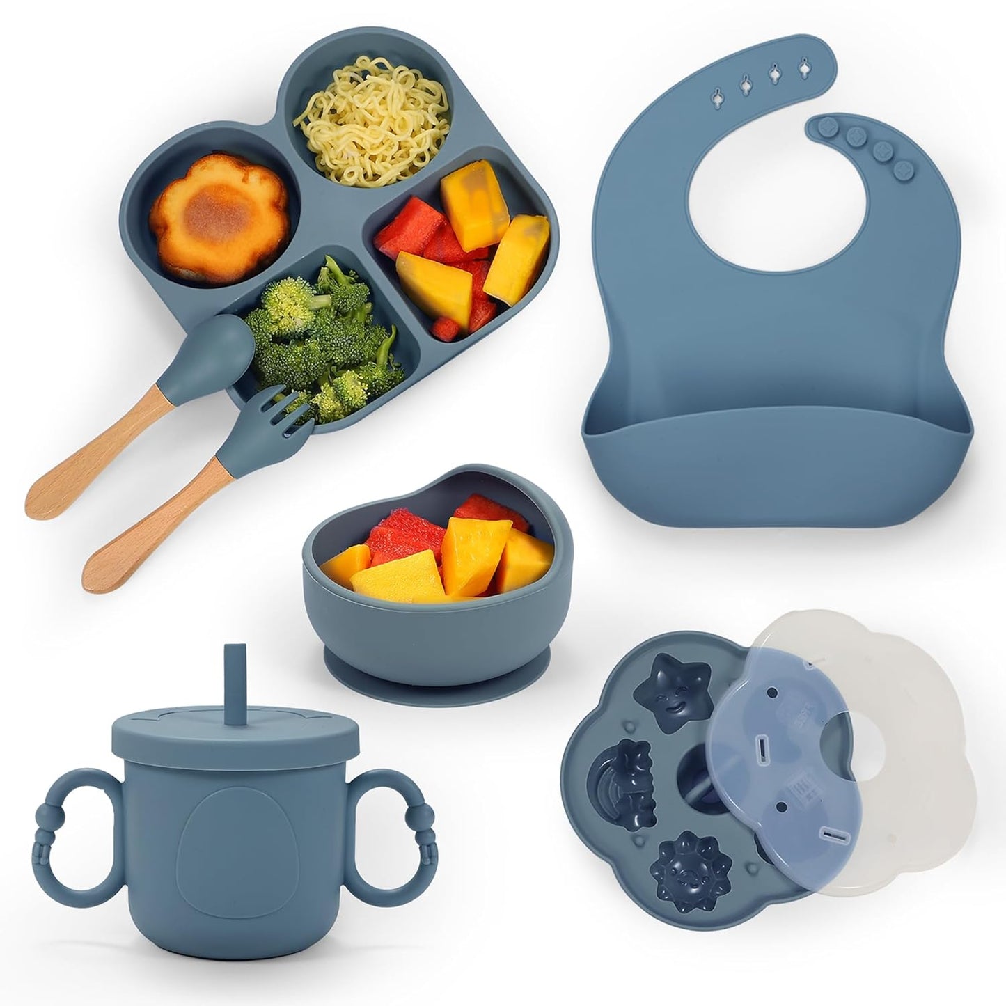Silicone Baby Feeding Set, Baby Led Weaning Supplies, Baby Food Tableware Silicone Suction Plate, Bowl, Spoons, Fork, Waterproof Bib, Cup & Complementary Food Cake Mold, Baby Eating Utensils