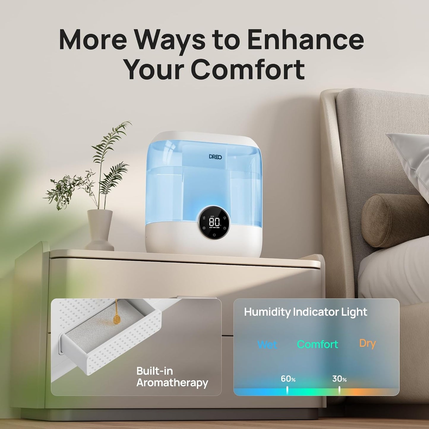 DREO Humidifiers for Bedroom, 6L Easy to Fill & Clean, 60H Runtime for Large room, 28 dB Quiet Cool Mist Air Humidifier for Plant, Baby Nursery, Home, Indoor, Night Light, Precise Humidity Control