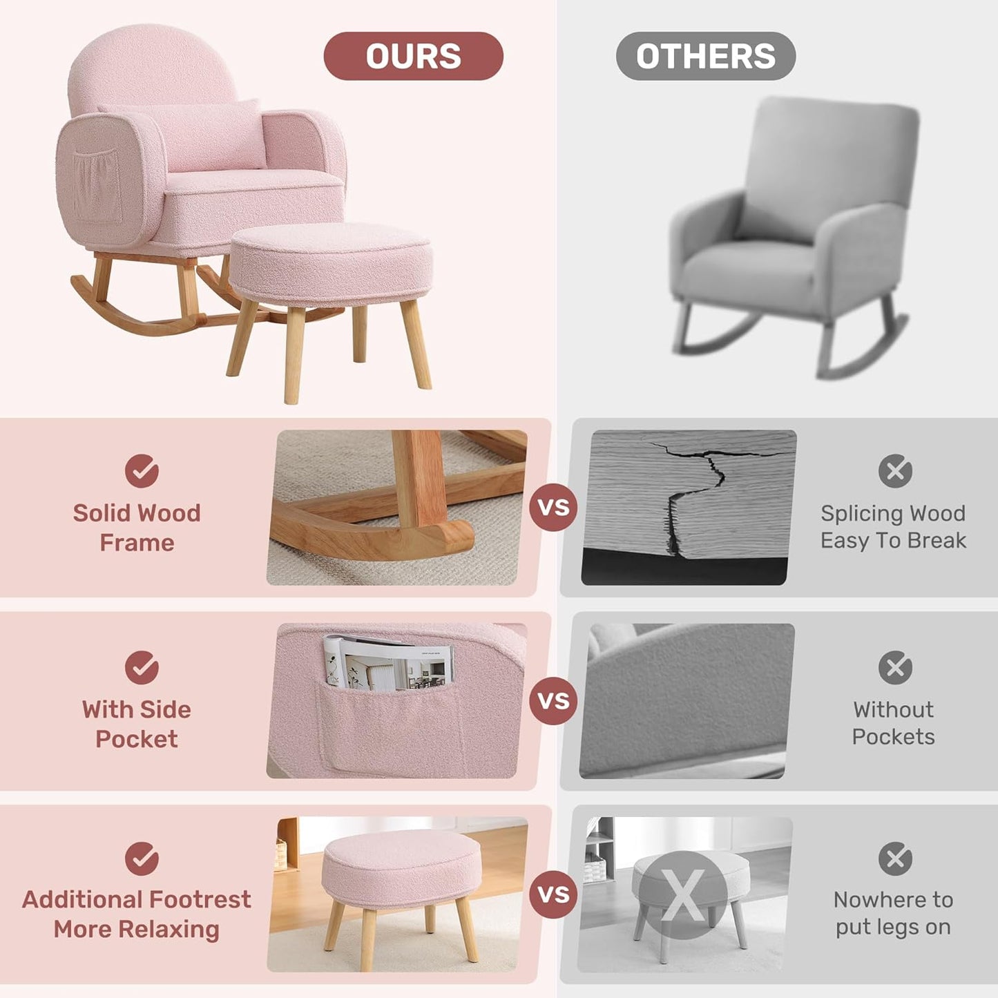 HCHAIRH Nursery Rocking Chair with Ottoman, Upholstered Glider Rocker with High Backrest Side Pocket, Rocking Accent Armchair with Solid Wood Legs for Nursery, Living Room, Bedroom, Light Grey