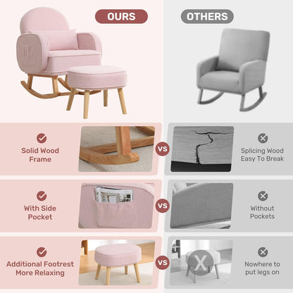 HCHAIRH Nursery Rocking Chair with Ottoman, Upholstered Glider Rocker with High Backrest Side Pocket, Rocking Accent Armchair with Solid Wood Legs for Nursery, Living Room, Bedroom, Light Grey