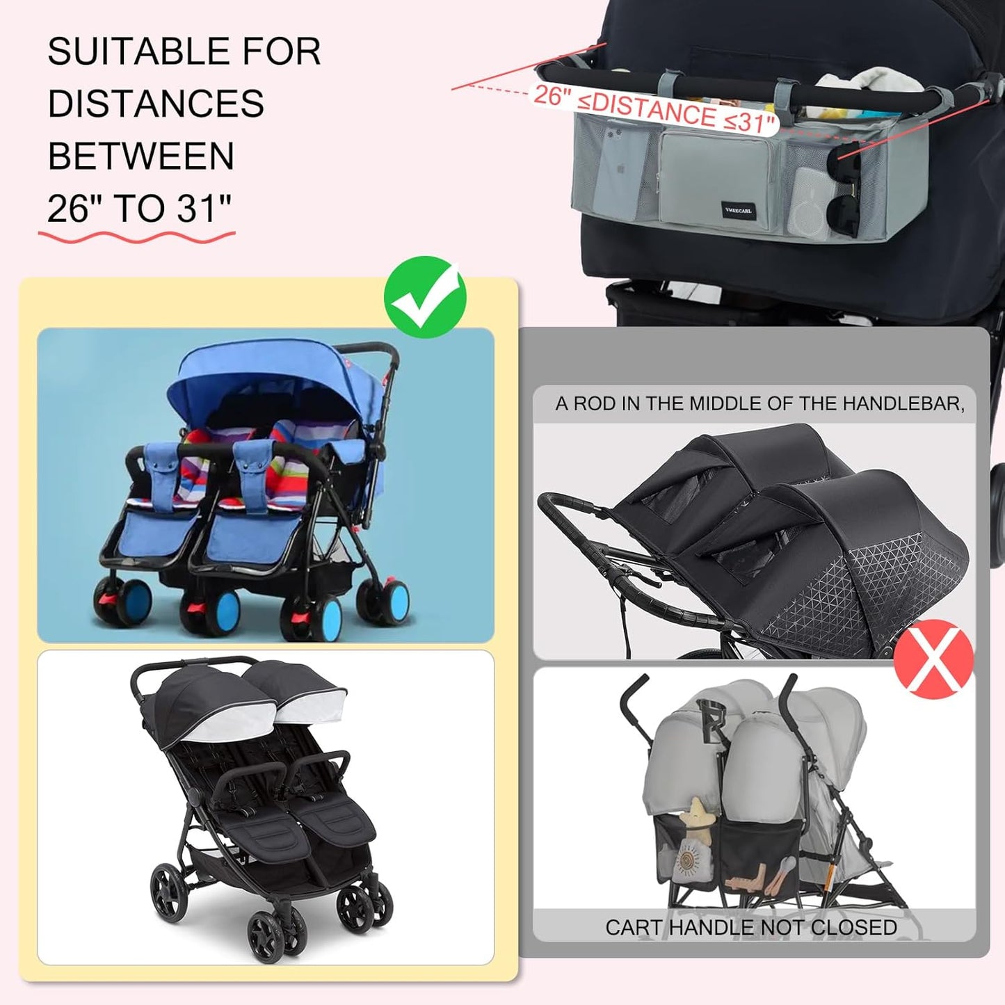 Double Stroller Organizer Universal with 2 Insulated Cup Holders & Cooler Bag, Large Storage Parent Console for Bob Duallie, Baby Jogger City Mini GT2