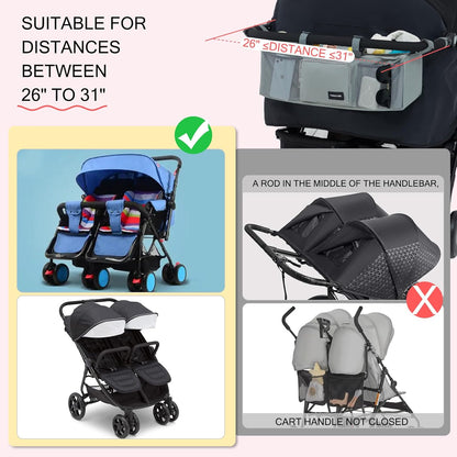 Double Stroller Organizer Universal with 2 Insulated Cup Holders & Cooler Bag, Large Storage Parent Console for Bob Duallie, Baby Jogger City Mini GT2